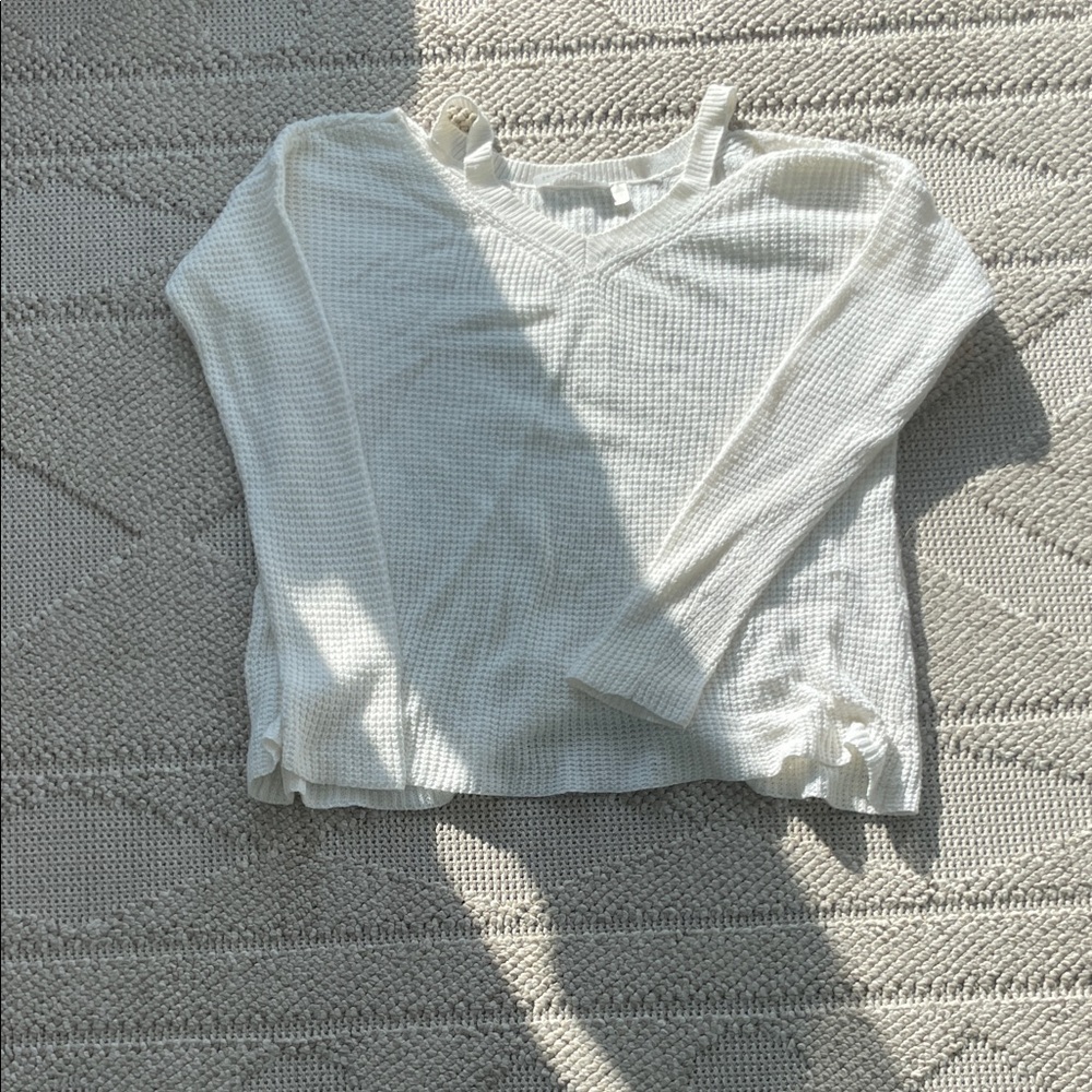 White Waffle Knit Long Sleeve Top with Cutouts